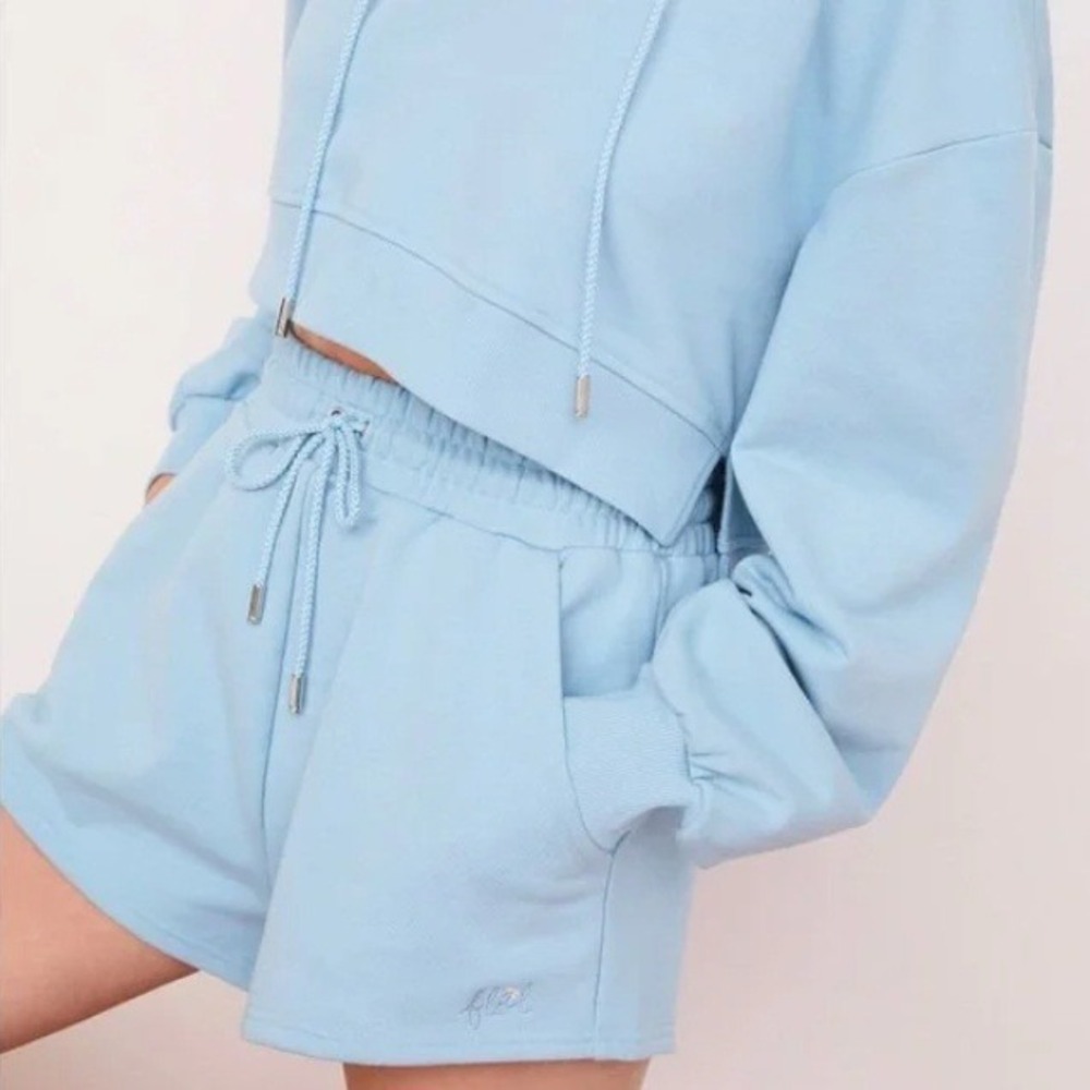 For Love & Lemons Baby Blue Harper Sweat Shorts French Terry Daisy Logo L